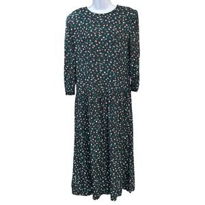 90s Lanz Originals Rayon Midi Dress Cottagecore Whimsigoth Black Teal 12